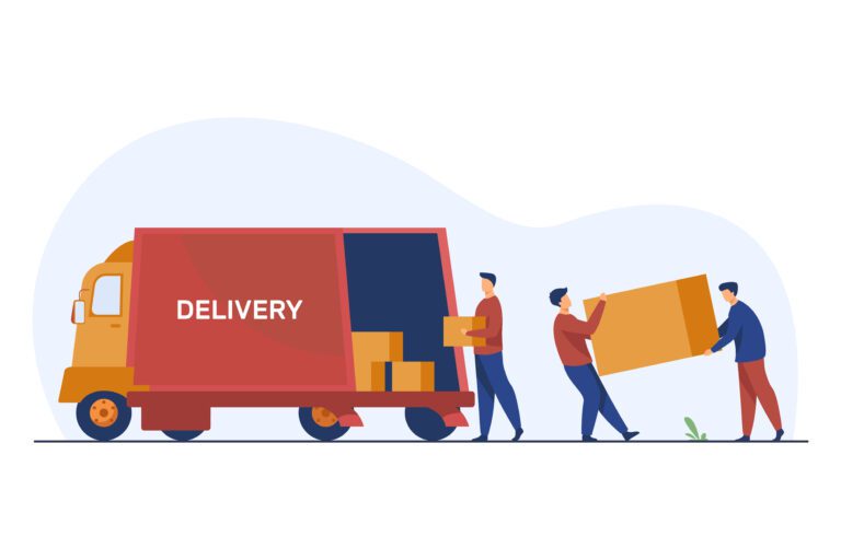 Loading workman carrying boxes. Van, vehicle, loader flat vector illustration. Transportation and relocation concept for banner, website design or landing web page